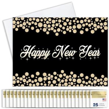 Imagem de Cartões comemorativos de ano novo - N1604. Cartões comemorativos com Feliz Ano Novo em um fundo preto cercado por bolhas de ouro. O conjunto de caixa tem 25 cartões comemorativos e 26 envelopes brancos com forro dourado.