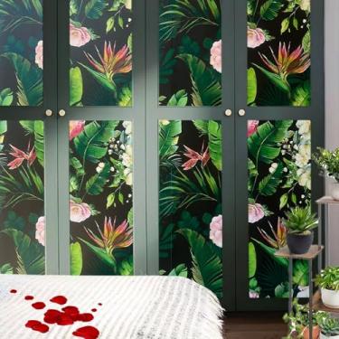 Imagem de mwpqbd Papel de parede de planta verde descascar e colar mural floral fundo parede quarto sala de estar papel de parede PVC 45 x 599 cm (preto)