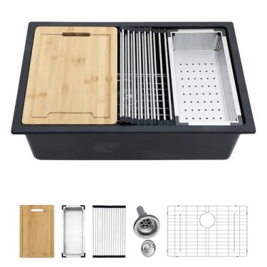 Imagem de Kichae Pia de cozinha composta de granito de 76 cm - pia de cozinha de 76 x 48 cm de tigela única de quartzo preto fosco para estação de trabalho