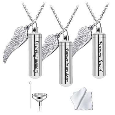 Imagem de Pacote com 3 colares de urna cilíndrica para cinzas, pingente memorial de lembrança com pingente de asa de anjo de aço inoxidável à prova d'água, joia de cremação para cinzas, medalhão - Forever In My Heart, Metal, Sem pedras preciosas