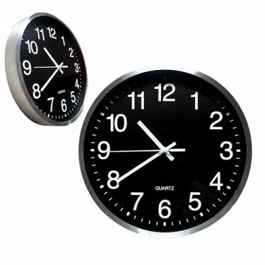 Imagem de Relógio de Parede Silencioso em Alumínio Decorativo Minimalista Moderno Quarto Sala Escritório Redondo Fundo Preto Ponteiro Segundos Contínuo com a Borda em Alumínio escovado de 30cm