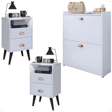 Imagem de Kit 2 Mesas Cabeceira Classic Nicho Organizador Sapateira Gavetas Basculante Porta 12 Pares Calçados Closet Branco - Lojas RPM