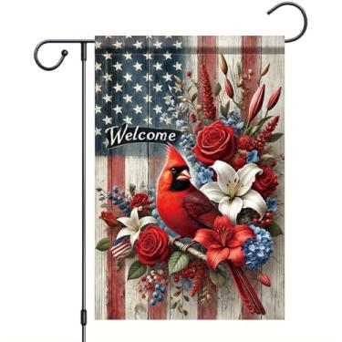 Imagem de Startlit Patio 4th Of July Patriotic Cardinal Garden Flag 30,5 x 45,7 cm Dupla face Memorial Day Decorações Cardinal Red Bird Floral Garden Flag Yard Lawn Alpendre Decor