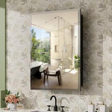 Imagem de Armário de remédios de 50 x 66 cm para banheiro montado na parede, embutido com espelho chanfrado e prateleiras ajustáveis, armário preto com amplo armazenamento para casa moderna