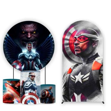 Imagem de Kit Painel de Festa Redondo, Trio de Cilindros e Painel Romano Novo Capitão América - Fera Print