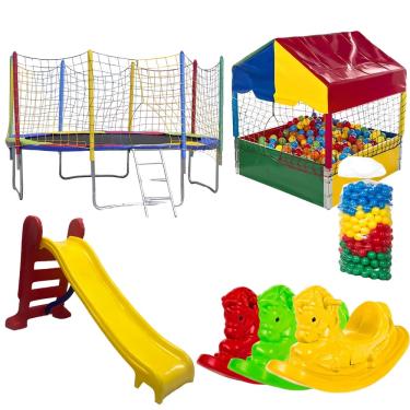 Imagem de Cama Elástica 3,05m Piscina de Bolinha 1,00m c/ 500 Bolinhas Escorregador Médio 3 Gangorra 1 Lugar