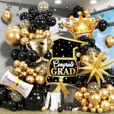 Imagem de Kit de arco de balões pretos e dourados Class of 2025 para decorações de graduação, 120 peças, balão de formatura com balões de confetes dourados, certificado de estrela de explosão, troféus, coroa