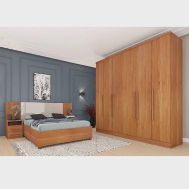 Imagem de Quarto Casal Completo Roupeiro Veneza 4 Gavetas, Cama Casal Mônaco e Painel Ripado 4 Gavetas