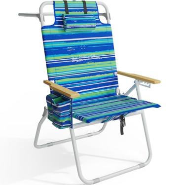 Imagem de Cadeiras de praia altas para adultos, cadeira de praia com mochila alta de 43 cm com apoios de braço de madeira, cadeira resistente reclinável de 5 posições com bolsa térmica grande, suporte para 158