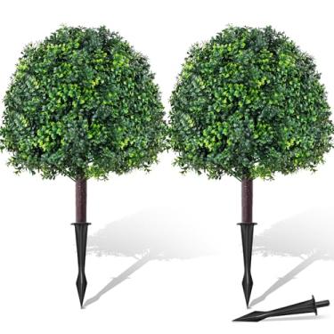 Imagem de LeadGoods Pacote com 2, árvore de bola de buxo artificial, planta falsa para decoração de porta da frente, decoração de casa, jardim, decoração de casamento (verde com espiga)