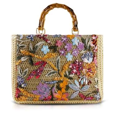 Imagem de QTKJ Sacola feminina, exclusiva bolsa de palha bordada com alça de bambu, bolsa de praia quadrada para ocasiões importantes, trabalho, viagens (estilo 2), Cor:, One Size