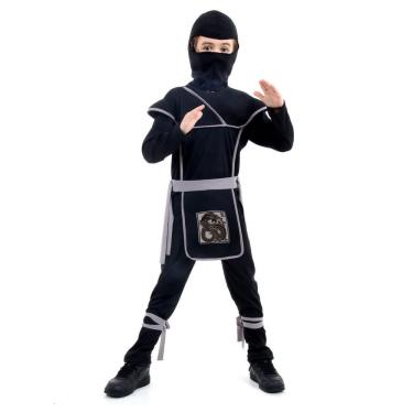 Imagem de Fantasia Infantil Guerreiro Ninja Preto/Cinza Longo c/ Capuz