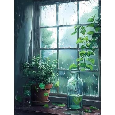 Imagem de KZKZXA Kits de pintura de diamante 5D The Rainy Day Windowsill Diamond Art Kits de arte para adultos DIY chuva redonda com diamantes arte de pedra preciosa para adultos decoração de parede de casa