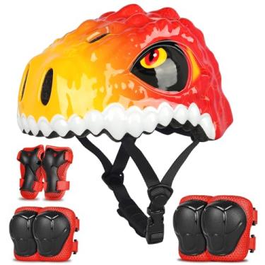 Imagem de Bavilk Capacete De Bicicleta Para Criança, Capacete Infantil Dinossauro 3D Para Meninos E Meninas, Joelheiras Ajustáveis, Cotoveleiras, Conjunto De Equipamentos De Proteção Para Ciclismo, Scooter, S
