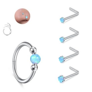 Imagem de JFORYOU Conjunto de anéis de nariz 18G para mulheres, aço inoxidável, hipoalergênico, 1,5 mm, 2,5 mm, 2,5 mm, 3 mm e opala articulada, segmento clicker, argolas de nariz, argolas, cartilagem de hélice