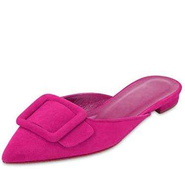 Imagem de Divanne Mules para mulheres, mules com fivela, bico fino, frente única, chinelo de camurça sem cadarço, Camurça rosa choque, 7.5
