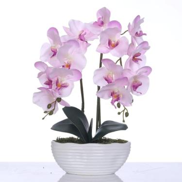 Imagem de YSZL Grande planta de orquídea artificial em vaso, arranjo de flores de seda com vaso de cerâmica, tons de rosa