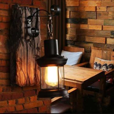 Imagem de Luzes de parede pretas retrô industriais internas vintage de madeira arandelas E27 Lâmpada de parede de metal arte de ferro com cobertura de vidro iluminação decorativa para corredor, sala de estar