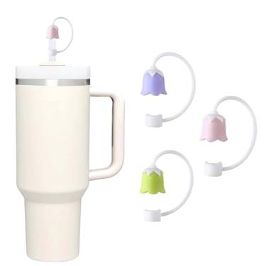 Imagem de 3 peças de capa de palha de flor para copo Stanley, linda capa de palha de flor de cor clara, cobertura de canudos de silicone branco para copo de água copo de 30 e 1,134 g, acessórios Stanley