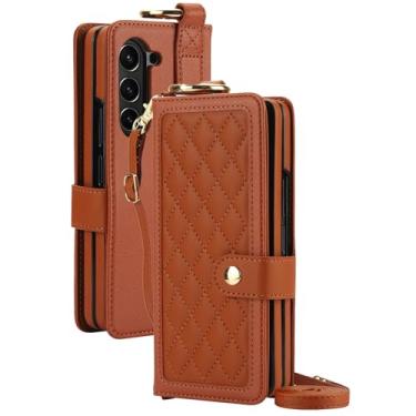 Imagem de HAO RIYLN Capa carteira para Samsung Galaxy Z Fold 6, capa de couro flip com slot para caneta alça de pulso alça de cordão longo proteção de corpo inteiro, marrom, dobra 6