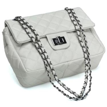 Imagem de Bolsa Feminina Couro Legitimo Matelassê Média (Off White C/grafite)
