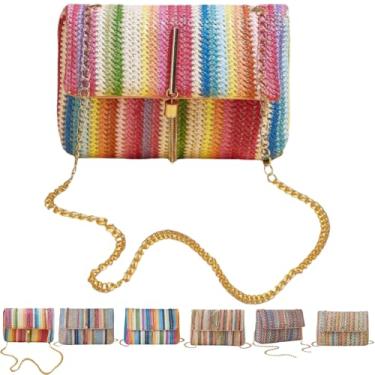 Imagem de VTYFRY Bolsas transversais de palha para mulheres, moda moderna, borla, decorada, verão, praia, casual, padrão listrado, bolsa de ombro com aba, rosa, Large