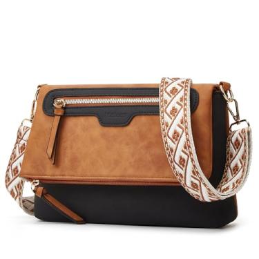 Imagem de Bolsa transversal feminina pequena, de couro vegano moderno com alças ajustáveis, presente para mãe, esposa, mãe, Marrom com bolsa preta com aba, Medium-Large