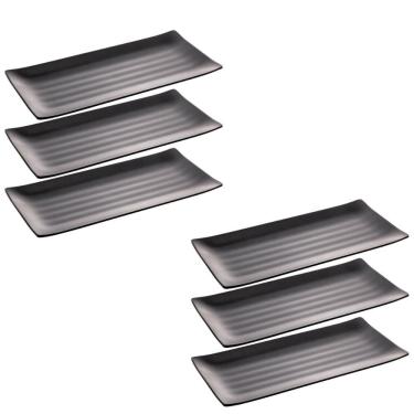 Imagem de Kit 6 Travessas Prato Sushi Sashimi 35x16cm Melamina Preto Tóquio Lyor