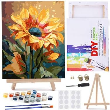 Imagem de MaiMMaledy Kit de pintura por números para adultos iniciantes 20 x 30 cm de comprimento com pintura de desenho emoldurado funciona com cavalete de triângulo de madeira, pigmento acrílico, girassol