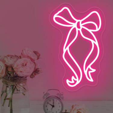 Imagem de DUOLIYBC Letreiro De Neon Com Laço Fita - Decoração Rosa Iluminada Para Quarto Meninas, Berçário E Presente Aniversário, Arte Parede Elegante Crianças, 38 Cm X 23