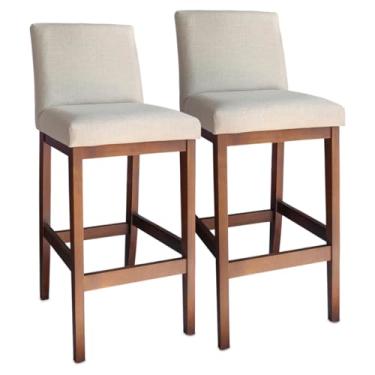 Imagem de Kit 2 Banqueta Alta Estofada Cozinha Bancada Bistrô Tecido Linho Madeira Maciça Gold (Linho Bege)