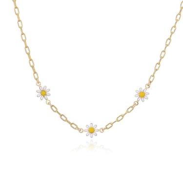 Imagem de Gargantilha de margarida fofa para mulheres, banhada a ouro 14 k, delicada, esmaltada, girassol, corrente ajustável, hipoalergênica, joia moderna para sua melhor amiga