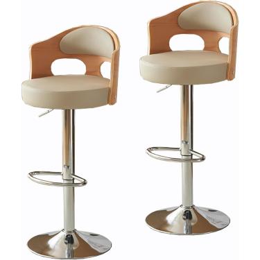 Imagem de Bancos De Bar De Metal De Design Artístico, Encosto De Madeira Maciça Envolvida, Banco Giratório De Assento De Couro, Bancos De Ilha De Cozinha Elevatórios Para Sala De, Beige B, Cowhide 2pcs