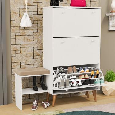 Imagem de Sapateira Com Divisórias Com Banqueta Estofada Acoplada Em MDF