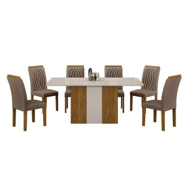 Imagem de Mesa De Jantar Doha 160x80 Reto Freijó Decor Off White Com 6 Cadeiras Freijó Joli Camurça - Leifer Móveis