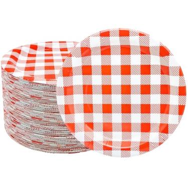 Imagem de HSPAIDYP 50 peças de artigos de festa de guingão, pratos de papel xadrez vermelho de 18 cm, pratos xadrez vermelho e branco descartáveis para chá de bebê, casamento, piquenique, churrasco, decoração