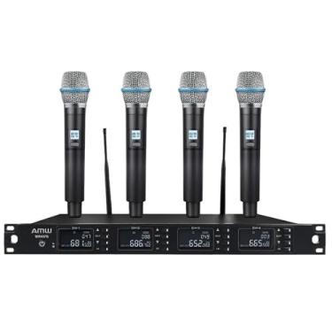 Imagem de AMW AU3000 Sistema de Microfone Sem Fio UHF Profissional, 4 Microfones, 200 Canais, Receptor Digital com Display LCD, Rack 19 polegadas
