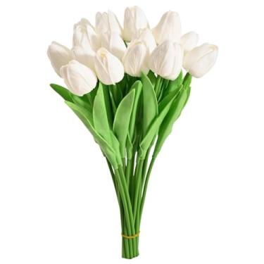 Imagem de AmazCozy Flores artificiais de tulipa 34 cm, decoração de casamento, buquê, simulação, arte floral artificial (20 peças) (branco)