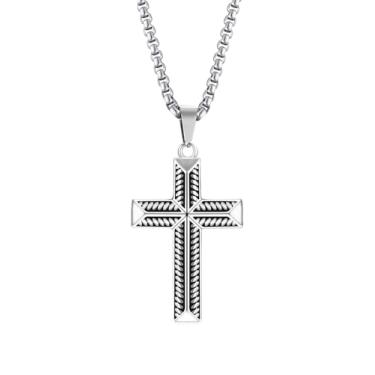 Imagem de Fahonie Colares masculinos com pingente de cruz cristã, elegante, aço inoxidável, preto, prata, cruz, punk, hip hop, joia ideal para presente religioso cristão, Zircônia cúbica