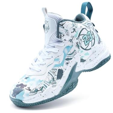 Imagem de Tênis de basquete masculino de cano alto com suporte de amortecimento de malha respirável e sola antiderrapante Equipamento de basquetebol(White-green-2,37 BR)