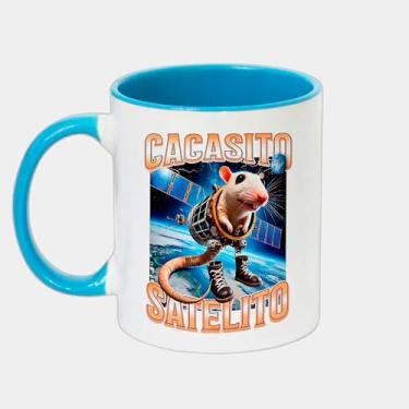 Imagem de Caneca Branca com Alça e Interna Azul de Porcelana 325ml - Cacasito Satelito Brainrot Silly Rat Meme