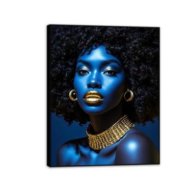 Imagem de Arte de parede em tela emoldurada preta africana azul preta decoração de parede feminina africana retrato meditação vertical pintado imagem 90 x 70 cm (36 x 28 pol) preto emoldurado