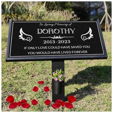 Imagem de myDili Lápide de cachorro, pedra memorial, pedra memorial de granito preto gravada com foto, lápides de animais de estimação pedras memoriais personalizadas para cães, lápide de gato (pedra de jardim