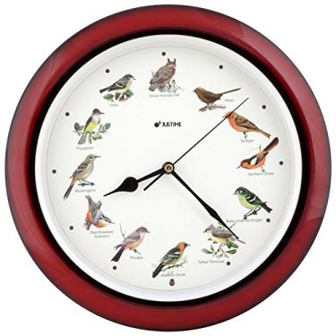 Imagem de JUSTIME Lovely Collection 35,5 cm reproduz 12 canções populares de pássaros norte-americanos relógio de parede relógio de cornija decoração de casa multicolorido (TCBD-OWL-R vermelho escuro)