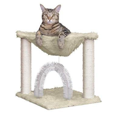 Imagem de Furhaven Parque infantil de 40 cm de altura para gatos em ambientes internos, pés de sisal, escova de cuidados pessoais e brinquedo, rede resistente de tigre, playground interativo - creme, tamanho