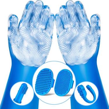 Imagem de Augwind Kit de banho para animais de estimação com 5 peças | Luvas de lavagem para cães | Escova de banho para cães | Escova de dentes para cães | Escova de xampu para cães | Dedo de escova de dentes