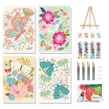 Imagem de Kit de pintura emoldurada por números para adultos iniciantes com cavalete de madeira, pintura de borboleta por números com moldura, kits de pintura de flores para adultos por números em tela