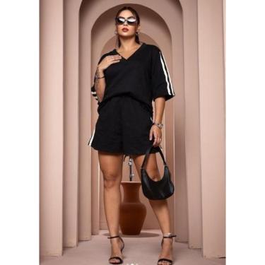 Imagem de Conjunto em Moletom Blusa Decote V e Shorts Listra Lateral-Feminino