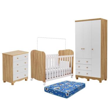Imagem de Dormitório Infantil Júnior 3 Portas, Cômoda e Berço Uli com Colchão Baby Physical - Móveis Peroba