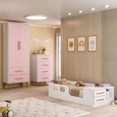 Imagem de Quarto Infantil Completo com Guarda-Roupa, Cômoda e Cama Magia Espresso Móveis Branco/Rosa